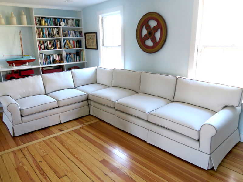 Photo of four piece sectional sofa upholstered in a Sunbrella fabric by Cape Cod Upholstery Shop in Dennis, MA