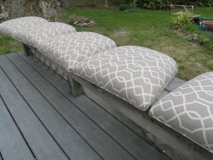 Bar Stool Seats upholstered in a Sunbrella fabric | Joe Gramm upholsterer | Cape Cod Upholstery Shop located in South Dennis, MA