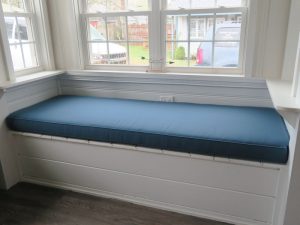 Window Seat Cushion | Blue Sunbrella | Joe Gramm Upholsterer | Cape Cod Upholstery Shop located in South Dennis, MA