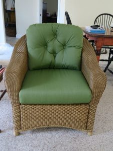 Wicker Chair Cushions in a Sunbrella Spectrum Fabric | Joe Gramm Upholsterer | cape Cod Upholstery Shop Located in South Dennis, MA