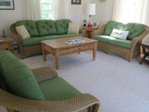 Three Piece Wicker Set in Sunbrella Spectrum Fabric | Joe Gramm Upholsterer | cape Cod Upholstery Shop Located in South Dennis, MA