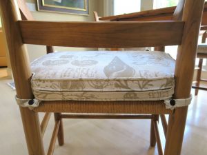 Dining Room Seat Cushion showing Zipper and Snap Ties | Indoor-Outdoor Fabric | Upholstered by Cape Cod Upholstery Shop | South Dennis, MA