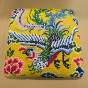 Needlepoint Phoenix Stool Slipseat | Upholstered by Cape Cod Upholstery Shop | Located in South Dennis, MA