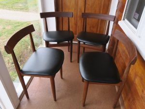 Teak Danish Chairs in a Contract Grade Black Vinyl | Upholstered by Cape Cod Upholstery Shop | Located in South Dennis, MA