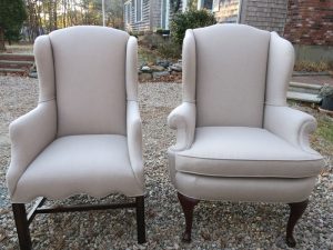 Chippendale & Queen Ann Wing Chairs in a Sunbrella Fabric | Upholstered by Cape Cod Upholstery Shop | Located in South Dennis, MA