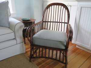 Stick Wicker Upholstered Chair Seat in a Turquoise Herringbone Stripe Fabric | Upholstered by Cape Cod Upholstery Shop | Located in South Dennis, MA