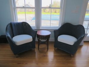 Curved Back Wicker Chair Seat Cushions | Upholstered in a White Canvas Twill Fabric | Upholstered by Cape Cod Upholstery Shop | Located in South Dennis, MA