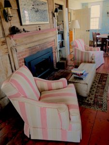 Matching Overstuffed Chairs Upholstered in a Bella-Dura Outdoor Stripe | Upholstered by Cape Cod Upholstery Shop | Located in South Dennis, MA