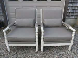 Matching Painted Arm Chairs in a Sunbrella Canvas | Upholstered by Cape Cod Upholstery Shop | Located in South Dennis, MA