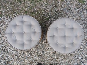 Buttoned Ottoman Tops Upholstered in a Sunbrella Canvas | Upholstered by Cape Cod Upholstery Shop | Located in South Dennis, MA