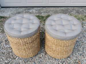 Matching Buttoned Wicker Ottomans Upholstered in a Sunbrella Canvas | Upholstered by Cape Cod Upholstery Shop | Located in South Dennis, MA
