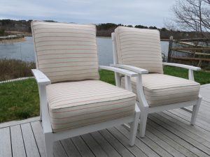 Truro Deck Chairs in an Outdura Performance Fabric | Upholstered by Cape Cod Upholstery Shop | Located in South Dennis, MA