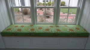 Window Seat Cushion in a Raoul Textiles Floral Linen | Upholstered by Cape Cod Upholstery Shop | Located in South Dennis, MA
