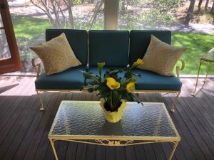 Painted Wrought Iron Sofa | Sunbrella Cushion Covers | Upholstered by Cape Cod Upholstery Shop | Located in South Dennis, MA