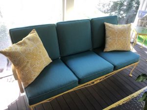 Painted Wrought Iron Sofa | Sunbrella Cushion Covers | Upholstered by Cape Cod Upholstery Shop | Located in South Dennis, MA