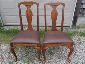 Queen Anne Dining Chairs | 2 out of a Set of 6 | Upholstered in a Greenhouse Fabrics Faux Leather | Upholstered by Cape Cod Upholstery Shop | Located in South Dennis, MA