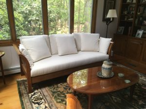 Cherry Wood Sofa Frame with Crypton Fabric Loose Cushions | Upholstered by Cape Cod Upholstery Shop | Located in South Dennis, MA