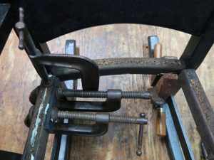 Child size rocking chair in clamps gluing | Repaired by Cape Cod Upholstery Shop | Located in South Dennis, MA