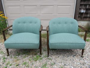Vintage Teak Danish Chairs, Front View | Upholstered in a Polypropylene Fabric | Upholstered by Cape Cod Upholstery Shop | Located in South Dennis, MA