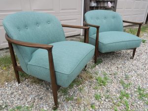 Vintage Teak Danish Chairs, Side View | Upholstered in a Polypropylene Fabric | Upholstered by Cape Cod Upholstery Shop | Located in South Dennis, MA
