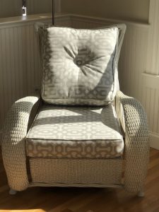 Wicker chair cushions | Upholstered in a Sunbrella Fabric | Upholstered by Cape Cod Upholstery Shop | Located in South Dennis, MA