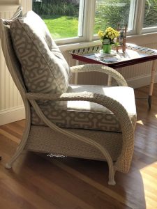 Wicker chair cushions | Upholstered in a Sunbrella Fabric | Upholstered by Cape Cod Upholstery Shop | Located in South Dennis, MA