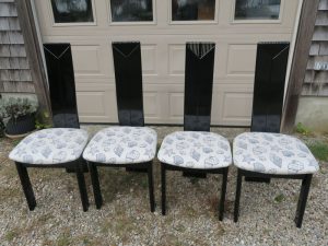 Four of fourteen Custom Dining Chairs | Upholstered in an exclusive United Fabrics Sunbrella fabric | Upholstered by Cape Cod Upholstery Shop | Located in South Dennis, MA