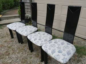 Four of fourteen Custom Dining Chairs | Upholstered in an exclusive United Fabrics Sunbrella fabric | Upholstered by Cape Cod Upholstery Shop | Located in South Dennis, MA