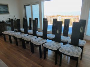 Set of 14 Custom Dining Chairs | Upholstered in an exclusive United Fabrics Sunbrella fabric | Upholstered by Cape Cod Upholstery Shop | Located in South Dennis, MA