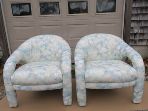 Open Arm Style Chairs Upholstered in an Anna Elizabeth Fabric | Upholstered by Cape Cod Upholstery Shop | Located in South Dennis, MA
