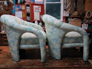 Open Arm Style Chairs Upholstered in an Anna Elizabeth Fabric | Upholstered by Cape Cod Upholstery Shop | Located in South Dennis, MA