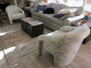 Open Arm Style Chairs Upholstered in an Anna Elizabeth Fabric | Upholstered by Cape Cod Upholstery Shop | Located in South Dennis, MA