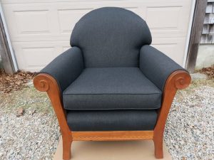 Shackleton Thomas Sleigh Chair | Upholstered in a black Sunbrella Fabric | Upholstered by Cape Cod Upholstery Shop | Located in South Dennis, MA