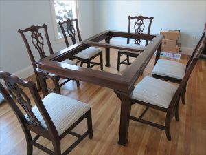 Set of 6 Mahogany Dining Chairs | Upholstered in a Kravet Fabrics Crypton stripe | Upholstered by Cape Cod Upholstery Shop | Located in South Dennis, MA