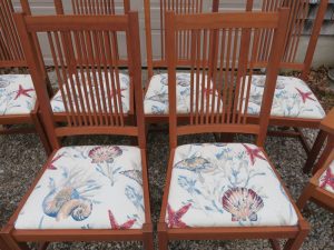 Set of 8 Italian Made Dining Chairs | Upholstered in a sea shell indoor outdoor fabric | Upholstered by Cape Cod Upholstery Shop | Located in South Dennis, MA