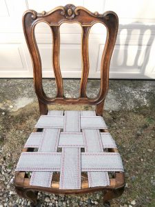 Polypropylene 3 1/2" Red Stripe Webbing on Antique Chair | Upholstered by Cape Cod Upholstery Shop | Located in South Dennis, MA