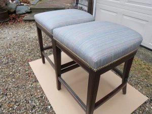 Kitchen Island Stools with Decorative Brass Nail Trim | Upholstered in Sunbrella Escapade-Electro | Upholstered by Cape Cod Upholstery Shop | Located in South Dennis, MA