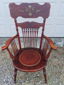 Antique Chair Leather Seat Insert with Pre-Finished Light Brown Dove Pattern | Leather seat attached with decorative brass nails | Leather Seat Purchased at Van Dykes Restorers | Upholstered by Cape Cod Upholstery Shop | Located in South Dennis, MA