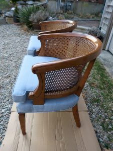 Cane Back Barrel Chair Side View | Upholstered in a JF Fabrics High Performance Fabric | Upholstered by Cape Cod Upholstery Shop | Located in South Dennis, MA