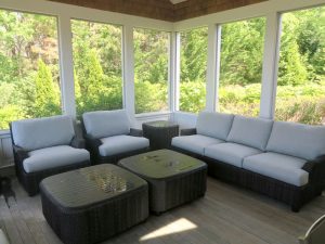 WhiteCraft Aruba Outdoor Wicker Set | Upholstered in a Sunbrella Contract Fabric | Upholstered by Cape Cod Upholstery Shop | Located in South Dennis, MA