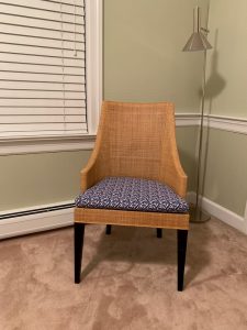 Wicker Back Chair with Removable Seat Cushion | Upholstered in a Cotton Print Fabric | Upholstered by Cape Cod Upholstery Shop | Located in South Dennis, MA