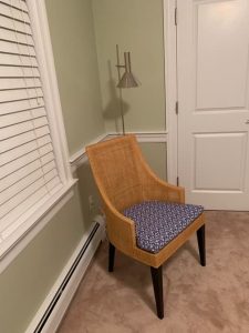 Wicker Back Chair with Removable Seat Cushion | Upholstered in a Cotton Print Fabric | Upholstered by Cape Cod Upholstery Shop | Located in South Dennis, MA