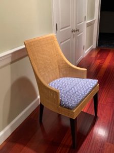Wicker Back Chair with Removable Seat Cushion | Upholstered in a Cotton Print Fabric | Upholstered by Cape Cod Upholstery Shop | Located in South Dennis, MA