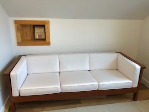 Charles Webb Sofa in loft office | Upholstered in a Sunbrella Canvas Natural fabric | Upholstered by Cape Cod Upholstery Shop | Located in South Dennis, MA 02660