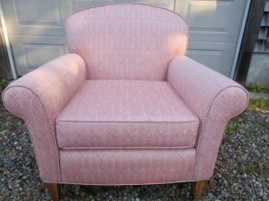 Upholstered Arm Chair | Upholstered in a Jane Shelton Fabic Willingham Red | Upholstered by Cape Cod Upholstery Shop | Located in South Dennis, MA 02660