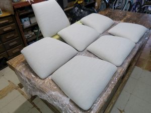 Set of seven removable dining room seats | Upholstered in a Greenhouse Fabrics Crypton | Upholstered by Cape Cod Upholstery Shop | Located in South Dennis, MA