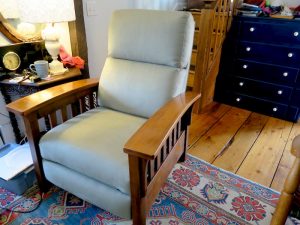 Stickley Style Recliner by Ethan Allen | Upholstered in an ultra suede fabric | Upholstered by Cape Cod Upholstery Shop | Located in South Dennis, MA 02660