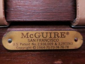 McGuire Furniture Label | Pirelli Rubber Webbing with Clips, installed on matching McGuire stick wicker chairs | Upholstered by Cape Cod Upholstery Shop | Located in South Dennis, MA 02660