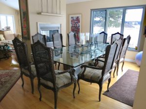 Set of 10 Victorian cane back dining chairs | Upholstered in a reclaimed vintage South Western US design fabric | Upholstered by Cape Cod Upholstery Shop | Located in South Dennis, MA 02660