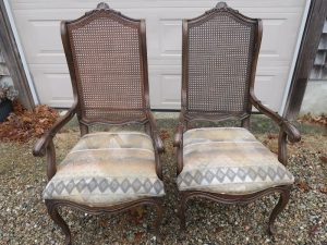Two of ten Victorian cane back dining chairs | Upholstered in a reclaimed vintage South Western US design fabric | Upholstered by Cape Cod Upholstery Shop | Located in South Dennis, MA 02660